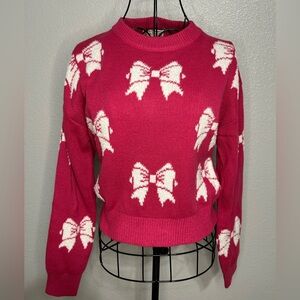 Poof! Fuchsia Bow Sweater | Pink White Bow Knit | New Without Tags | Size S